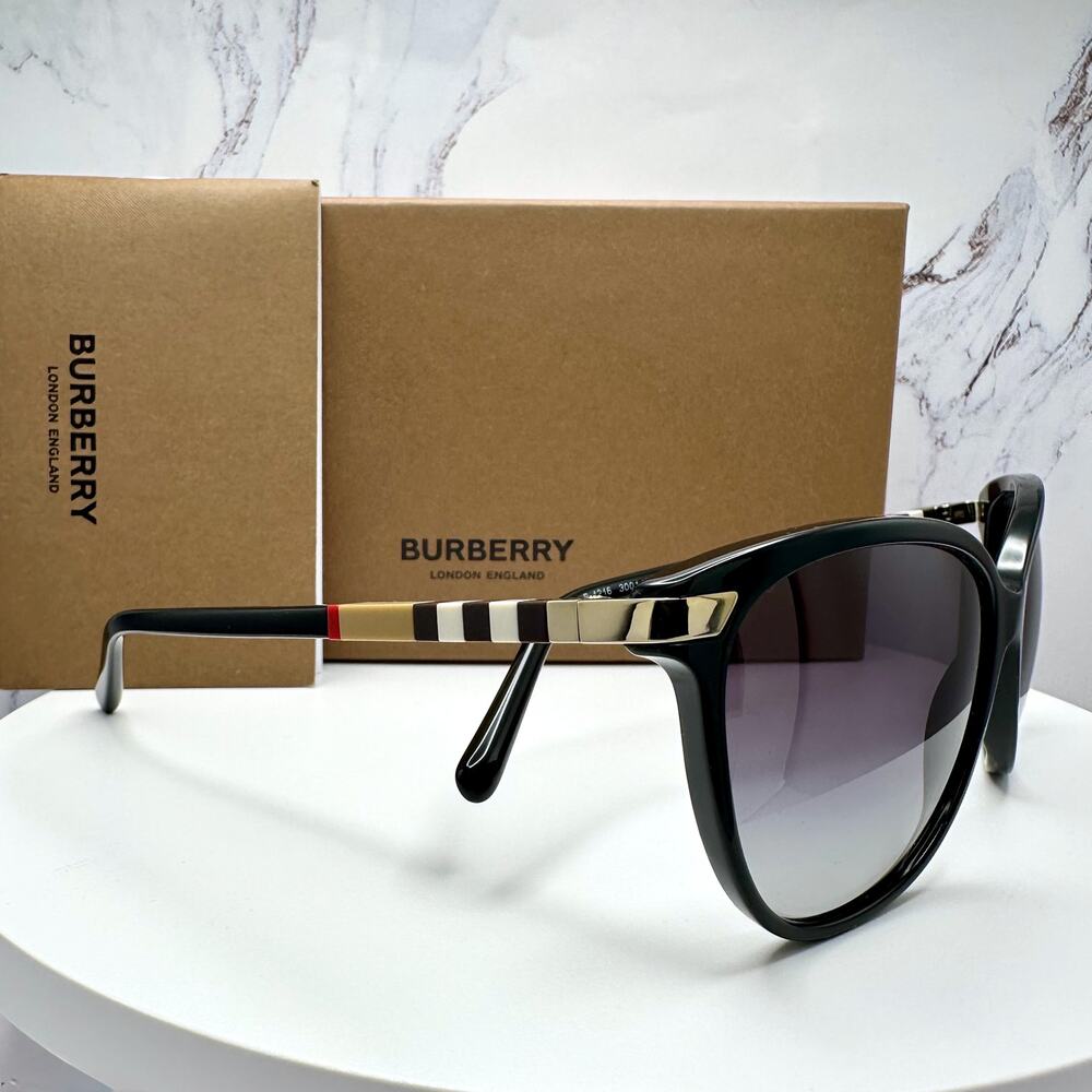 New Burberry Sunglasses Black Cat Eye Check Arms Gold Hardware Womens BURBERRY - Picture 8 of 16